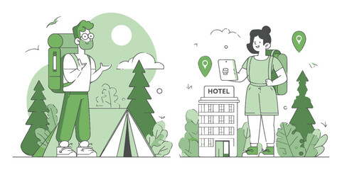 Outdoor Adventure and Urban Exploration Cartoon Illustration for Travel