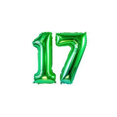 Green Number Seventeen Foil Balloons on Transparent Background