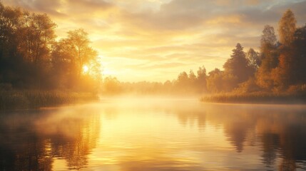Fototapeta premium Golden sunrise over a tranquil river. Misty morning light illuminates the trees and water