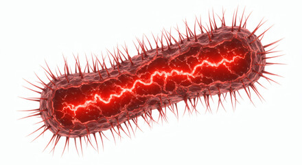 A detailed 3D illustration of a single rod-shaped bacterium with radiating spiky protrusions, glowing red from within and on its surface