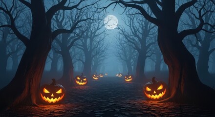 Spooky Halloween Night Forest with Glowing Pumpkins