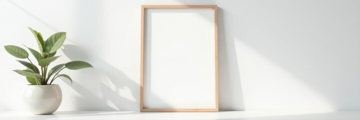 Obraz premium Simple vertical wooden picture frame against white wall , clean background, plain background, natural