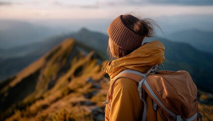 Mountain Retreat Adventurous Woman Gazing at Majestic Peaks in Tranquil Landscape, Embracing Solitude and Serenity