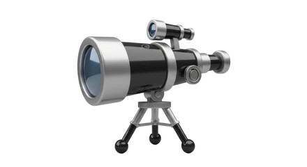 A 3D rendered image of a black and silver telescope on a tripod, isolated on white.
