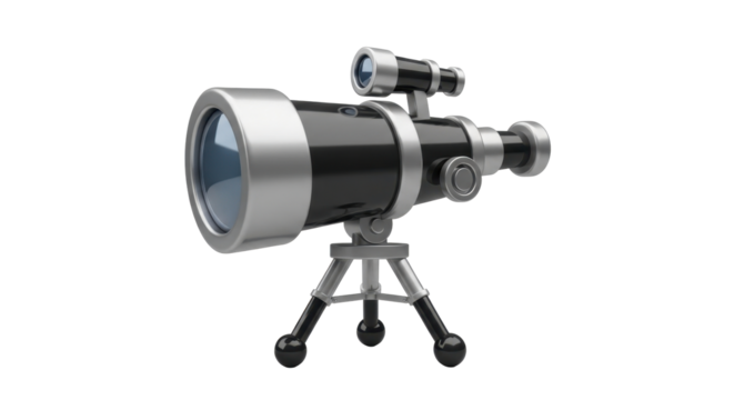 A 3D rendered image of a black and silver telescope on a tripod, isolated on white.