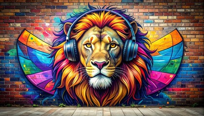 Fototapeta premium street-art style graffiti on a brick wall depicting a majestic lion 