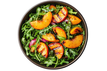 Delicious grilled peach salad with arugula and red onion recipe, healthy summer meal, food photography isolated on transparent background