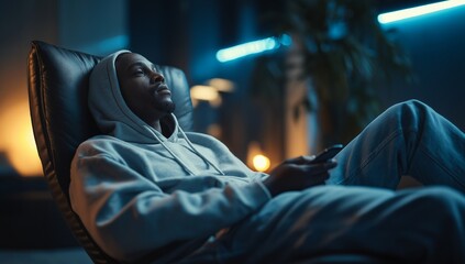 Movie Night Relaxed Man in Hoodie Watching TV with Remote in Cozy Dimly Lit Modern Room