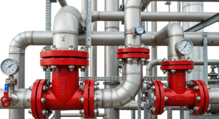 Industrial Pipes with Valves and Gauges Isolated on Transparent PNG Background