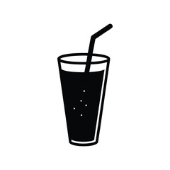 Black and white beverage illustration of a tall glass filled with a fizzy drink and a straw, perfect for logo design, and drink-related projects