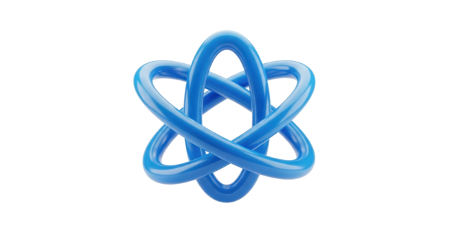 A blue, three-dimensional, intertwined knot symbol against a white background.