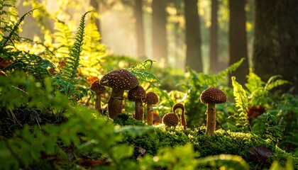 Fototapeta premium Mushrooms in a sunlit forest
