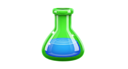Cartoon illustration of a green chemistry flask filled with blue liquid.