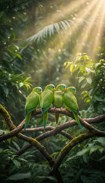 Small group of green parakeets sitting on intertwined branches, lively tropical background, detailed feathers