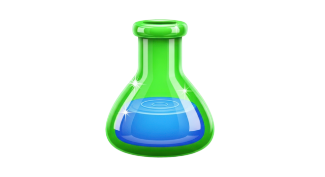 Cartoon illustration of a green chemistry flask filled with blue liquid.