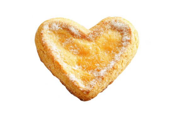 Delicious heart shaped cookie with powdered sugar, baked treat, valentine's day food, sweet dessert isolated on transparent background