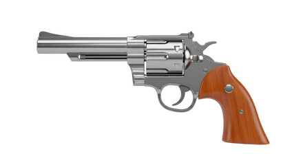 A metallic revolver handgun with a wooden grip, isolated on a white background.