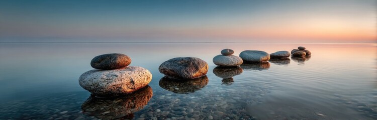 Calm stones in tranquil water at sunrise