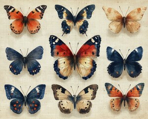 Watercolor butterflies arranged on textured paper