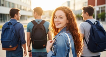 Obraz premium Young People Walking Back to School with Backpacks