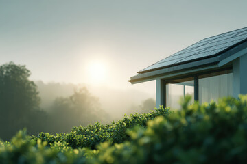 modern house roof integrated with ar solar energy indicators surrounded by lush greenery symbolizing ecological