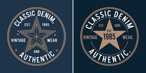 Vintage denim star badge emblem with retro typography for authentic apparel, est 1985 clothing insignia, classic logo for t shirt design © Vectyx
