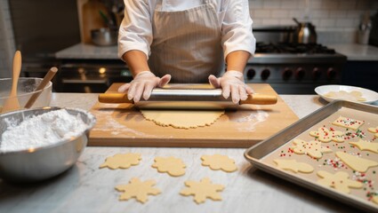 Pastry chef rolling dough with a pin, making holiday cookies for christmas celebration, shaping festive desserts for baking, preparing sweet treats in a professional kitchen