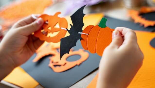 Child hands holding and assembling halloween garland with diy paper pumpkin, bat, and jack o'lantern decorations, creating festive crafts for the holiday celebration - Powered by Adobe