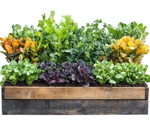 Wooden planter box filled with vibrant fresh vegetables and herbs