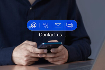Contact us and virtual customer service with modern contact icons, chatbot, text, email, call options, business support solutions.