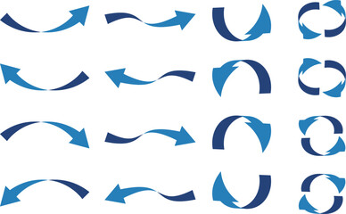 色々な3D風の曲線の矢印セット16種、青
Set of 16 various 3D style curved arrows, blue
