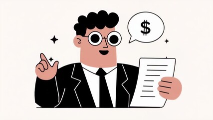 An illustrative financial advisor suggests the plan, adorned with dollar symbol thoughts and clipboard notes, capturing the essence of expert guidance and monetary insight.