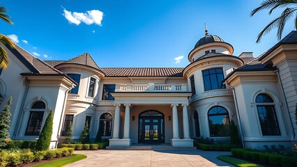 Elegant residence entrance with architectural details under a clear blue sky, exuding luxury.

