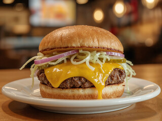 Melted Cheese Cheeseburger with Pickles and Onion image