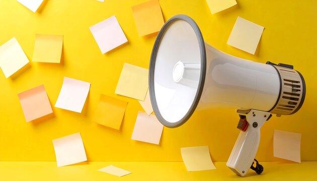 Megaphone with sticky notes on yellow background