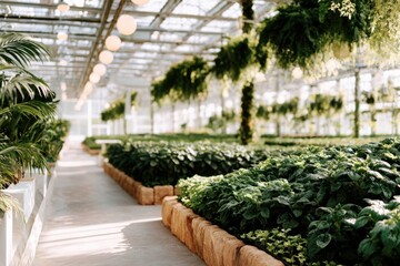 Rows of green plants grow in a spacious greenhouse with glass ceilings. Hanging plants decorate the greenhouse, and natural sunlight streams inside during daytime