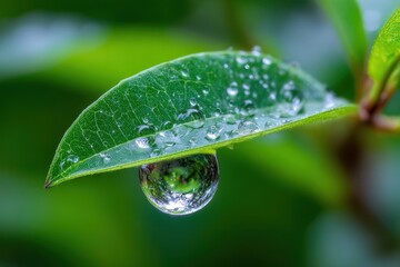 Closeup of Water Droplet Hanging from Green Leaf