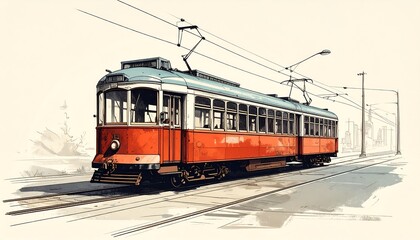 A vintage-style illustration showcases a vibrant red and teal streetcar gliding along a city street, evoking a nostalgic atmosphere.