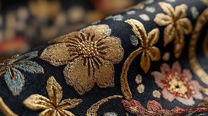 Intricate floral embroidery on a dark fabric for decorative artistry