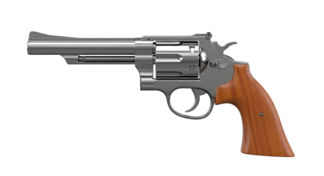 A metallic revolver handgun with a wooden grip, isolated on a white background.