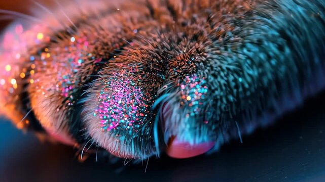Cat's paw in neon light. Selective focus. Animal.