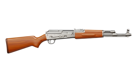 A side view of a semi-automatic rifle with a wooden stock and metal components.