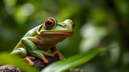 Close-up portrait of a vibrant green tree frog in its lush rainforest habitat.
