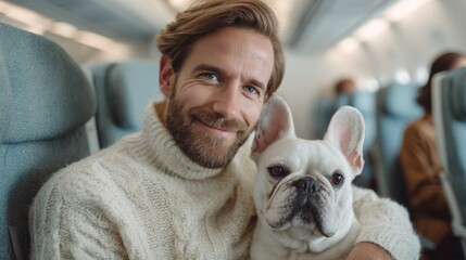 A man wearing a cream sweater holds his white French Bulldog. He smiles in his seat on an airplane. Other passengers sit behind them