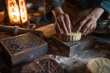 Traditional mooncake making process with artisan hands pressing dough into ornate wooden mold for cultural documentaries and food branding

