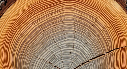 Detailed close-up view of a tree trunk cross-section, showcasing intricate growth rings in warm earth tones and subtle grey variations.
