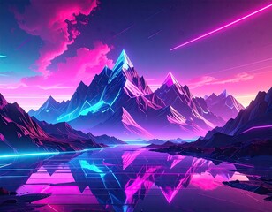 Neon Glitch Mountain Landscape at Sunset