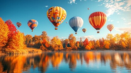 Fototapeta premium Hot air balloons float above colorful autumn trees reflecting in a serene lake