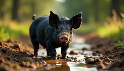 Fototapeta premium Black pig wallowing in rich mud, idyllic countryside , happy, farming
