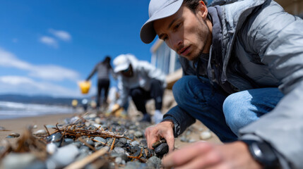 A dedicated group takes part in a beach clean-up, showcasing teamwork and environmental awareness as they collect debris to protect marine life and habitats.
